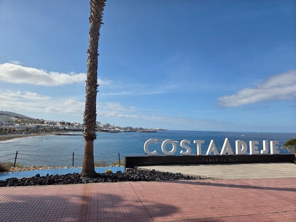 Letrero de Costa Adeje frente al mar con una palmera en primer plano y vistas de la costa urbana al fondo.