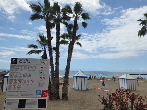 Cartel de Playa El Duque Sur con palmeras altas, casetas blancas y azules y bañistas en la playa.