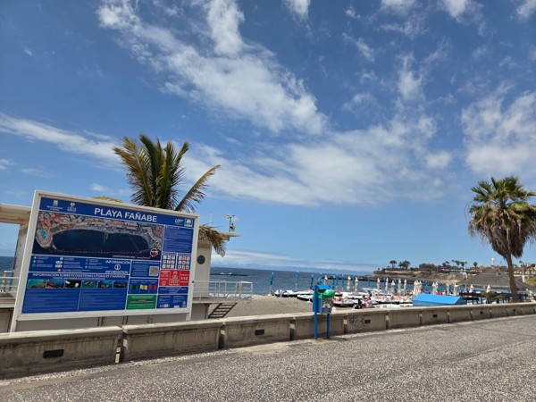 Panel informativo de Playa Fañabé en Costa Adeje con vista a la playa, sombrillas, palmeras y el océano.